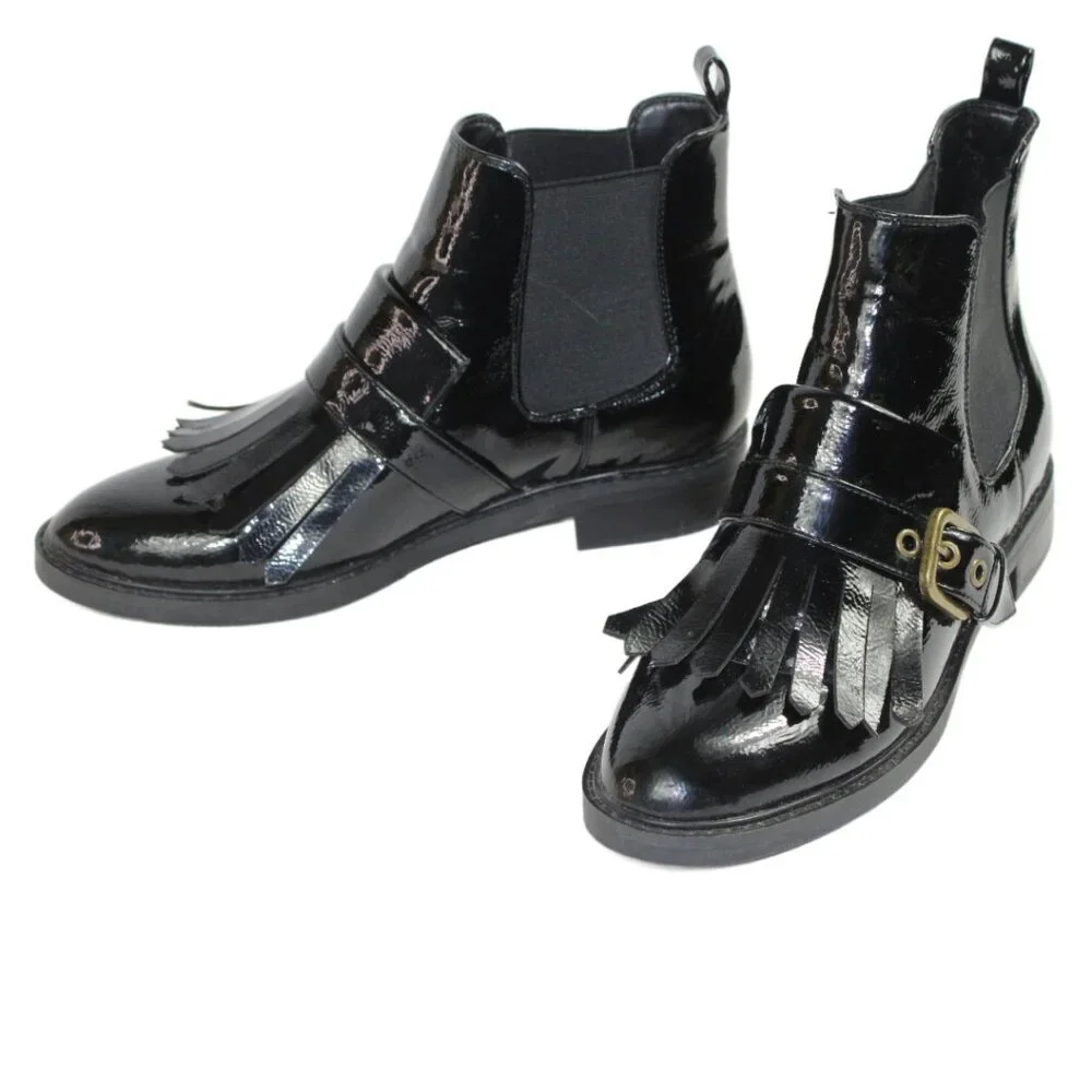 Marc Fisher Brigita Chelsea Kiltie Black Patent Buckle Pull On Boot, Size 7